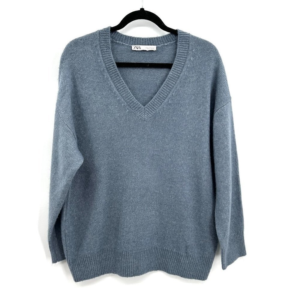 ZARA Blue V-Neck Very Oversized Knit Pullover Sweater Size Small